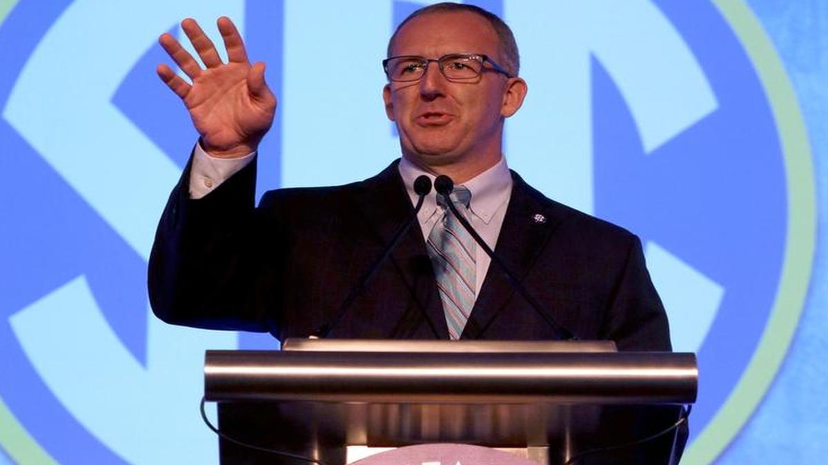 
SEC Commissioner Greg Sankey speaks during the Southeastern Conference NCAA college football media days, Monday, July 13, 2015, in Hoover, Ala. 
