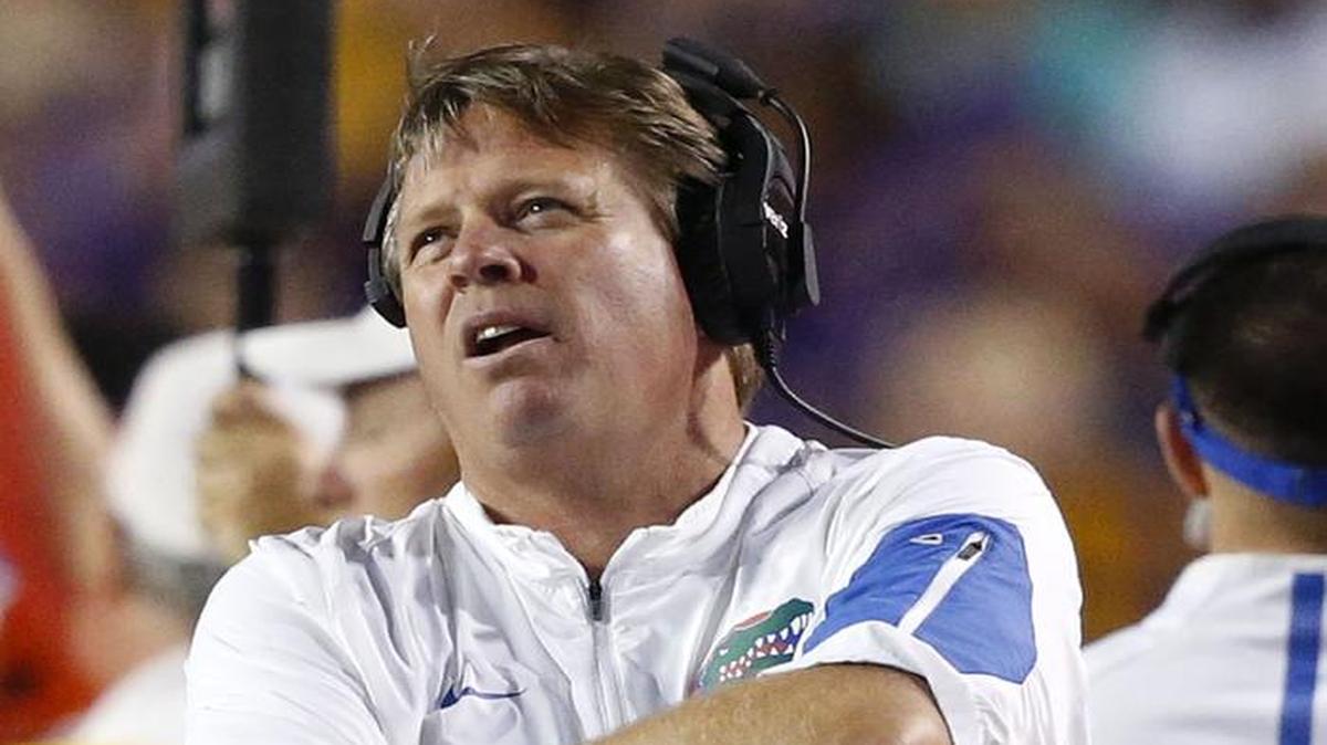 Florida head coach Jim McElwain reacts in the second half of an NCAA college football game against LSU in Baton Rouge, La., Saturday, Oct. 17, 2015. LSU won 35-28.