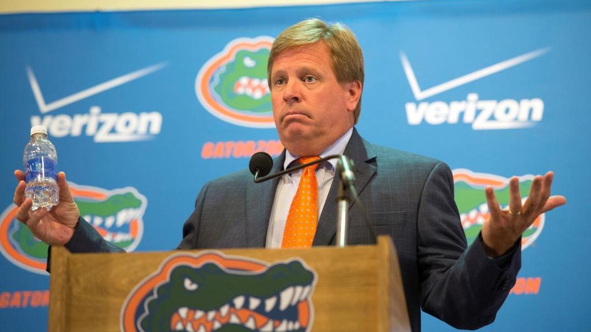
Florida coach Jim McElwain speaks to the media Wednesday, Aug. 5, 2015. 
