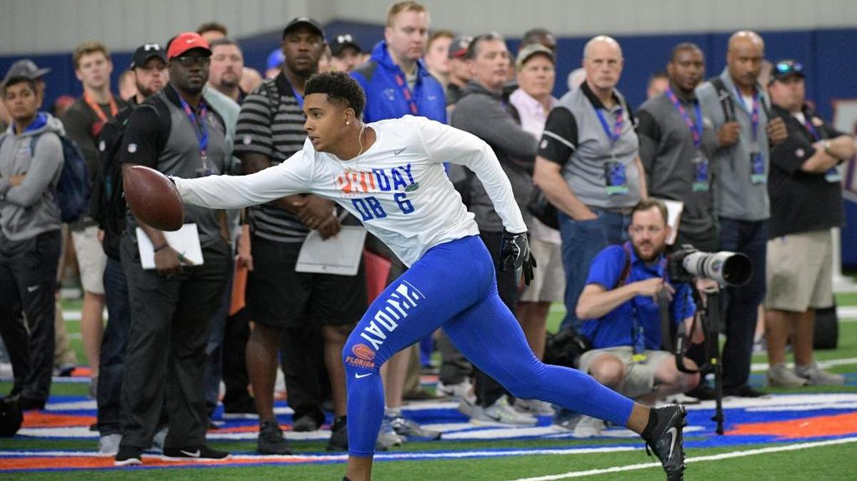 Defensive back Quincy Wilson (6) runs through a drill during Florida's NFL Pro Day in Gainesville on March 28.