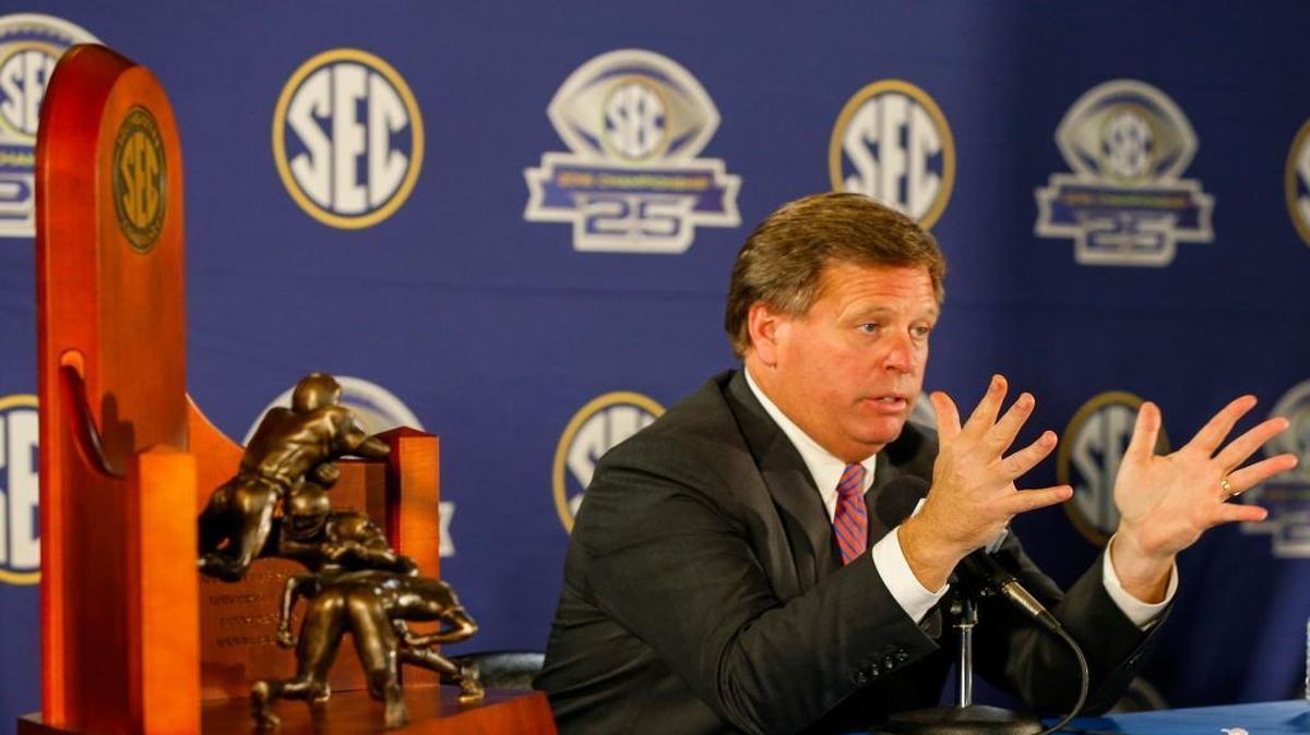 Florida head coach Jim McElwain speaks to media at the press conference for the Southeastern Conference Championship NCAA college football game where they will play Alabama, Friday, Dec. 2, 2016, in Atlanta.