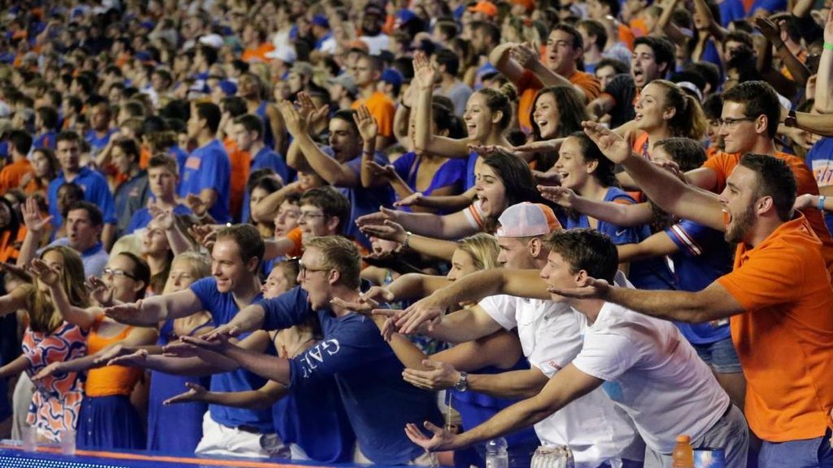 
Florida Gator fans cheer during the second half against East Carolina, Saturday, Sept. 12, 2015, in Gainesville, Fla. 
