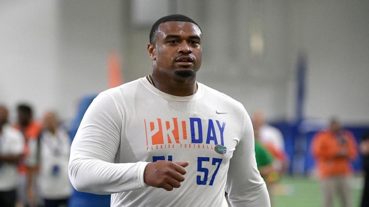 Defensive lineman Caleb Brantley (57) rests after running through a drill during Florida's NFL Pro Day in Gainesville, Fla., Tuesday, March 28, 2017.