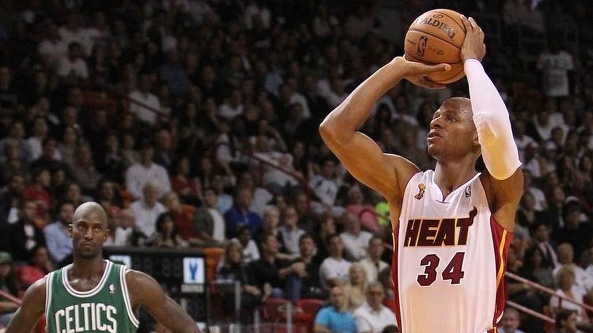 File photo: Ray Allen shoots a free throw as Kevin Garnett looks during the fourth quarter of the 2012-13 NBA season opener game between the Boston Celtics against Miami Heat at the AmericanAirlines Arena in Miami on Tuesday, October 30, 2012.