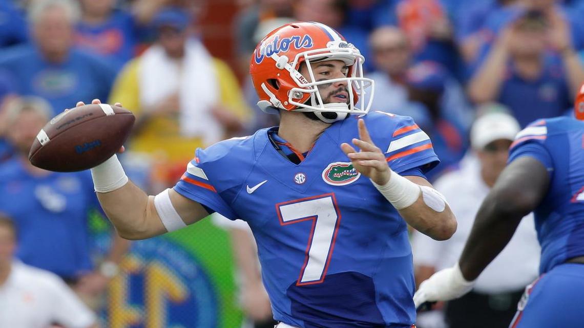 
Florida quarterback Will Grier throws a pass against Tennessee on Saturday, Sept. 26, 2015 in Gainesville, Fla. 
