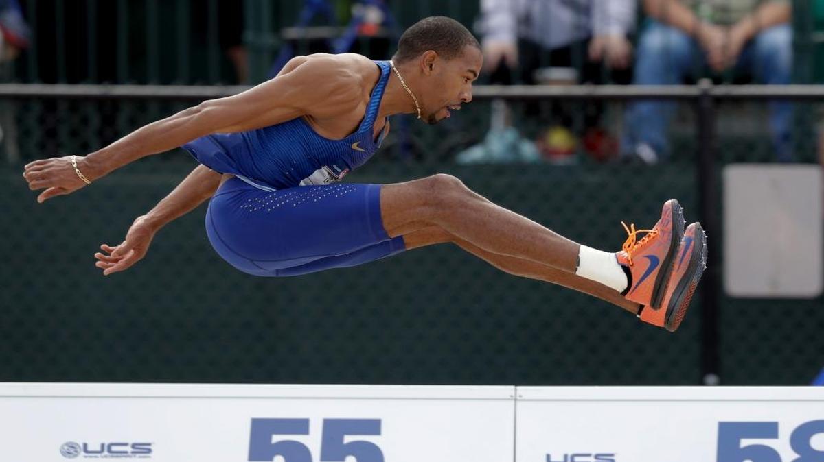 Christian Taylor competes during the men's triple jump final at the U.S. Olympic Track and Field Trials, Sat., July 9, 2016, in Eugene Ore.