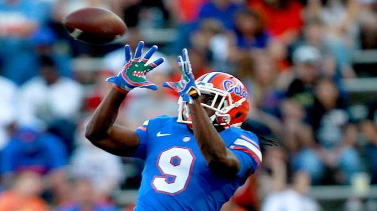 UF junior college transfer wide receiver Dre Massey (9) suffered a season-ending knee injury on the Gators’ opening kickoff return and will have surgery once swelling subsides, leaving the Gators with one less weapon as they attempt to enhance their offensive production.