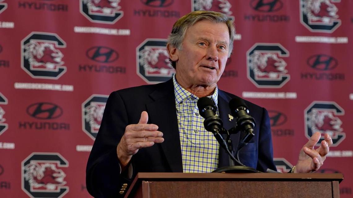 South Carolina head football coach Steve Spurrier speaks during a news conference to announce he is resigning on Tuesday, Oct. 13, 2015, at the University Of South Carolina, in Columbia, S.C.