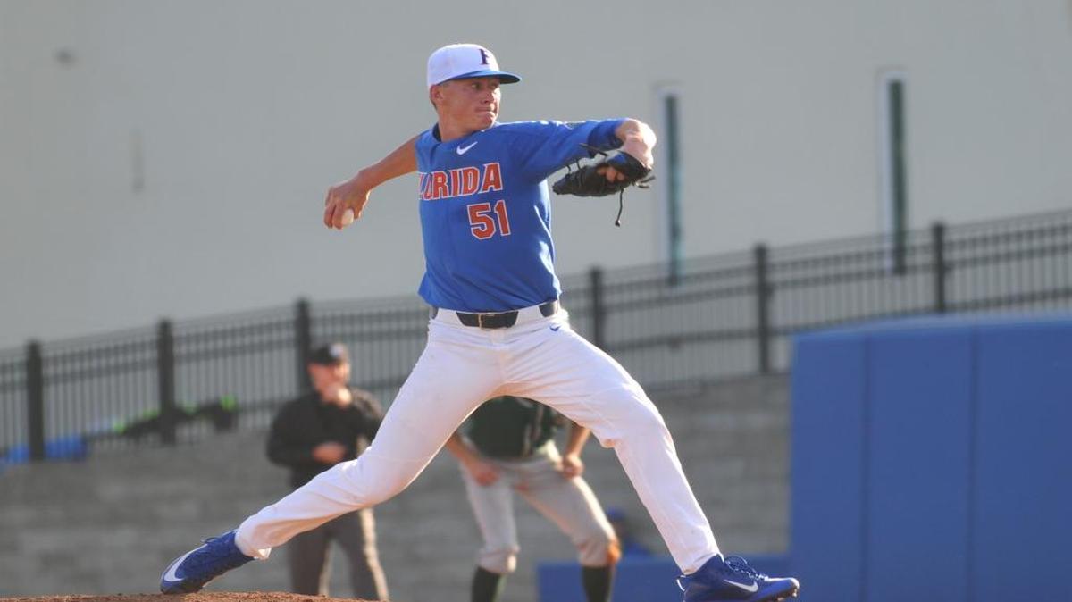 Florida sophomore Brady Singer pitches during the Gators' series-clinching win over William & Mary on Feb. 18, 2017 at McKethan Stadium in Gainesville.