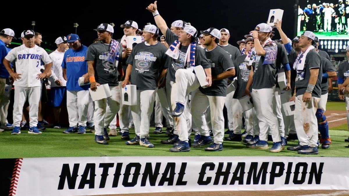 Florida players celebrate after defeating LSU in Game 2 to win the NCAA College World Series baseball finals in Omaha, Neb., Tues., June 27, 2017.