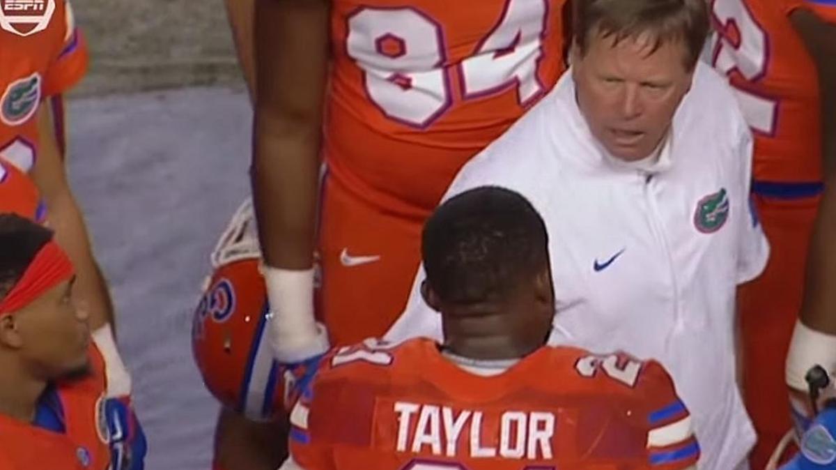 
Gators coach Jim McElwain yells at tailback Kelvin Taylor on the sideline after Taylor made a throat-slash gesture after scoring against East Carolina on Saturday, Sept. 12, 2015 in Gainesville.
