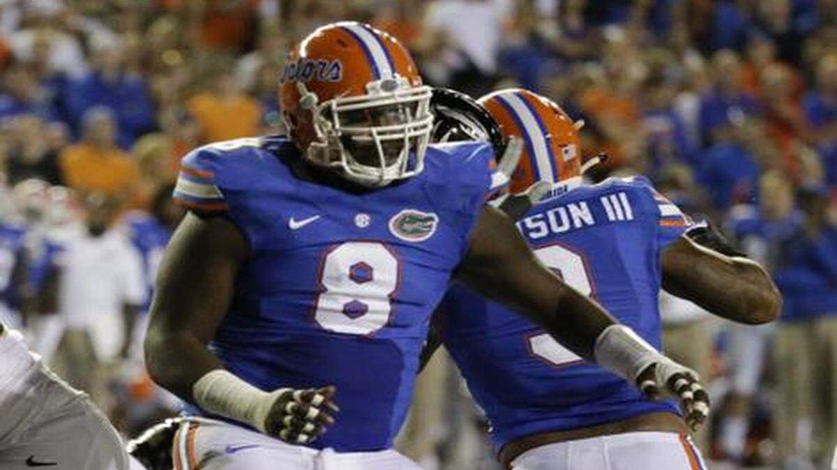 
Florida defensive lineman Leon Orr (8) rushes the offense of Missouri during the first half of an NCAA college football game in Gainesville on Oct. 18, 2014.
