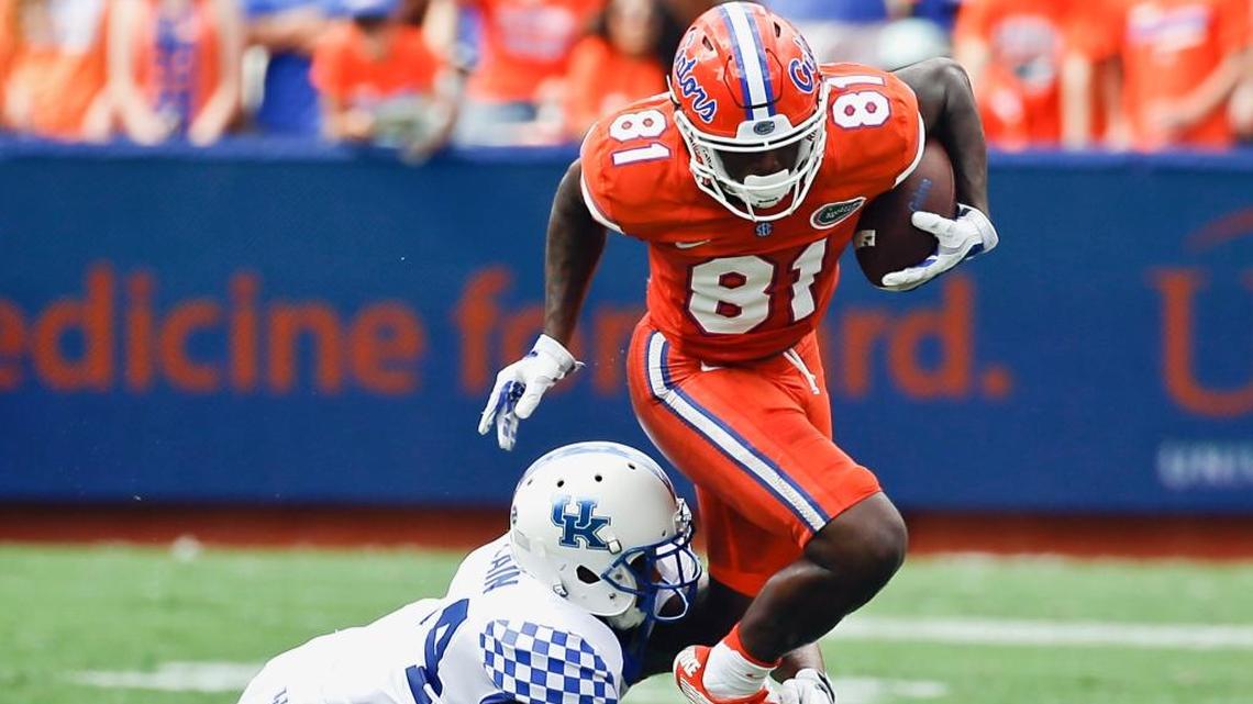 Florida wide receiver Antonio Callaway (81) is tackled by Kentucky defensive back Blake McClain after a reception in the first half of an NCAA college football game on Saturday, Sept. 10, 2016, in Gainesville.