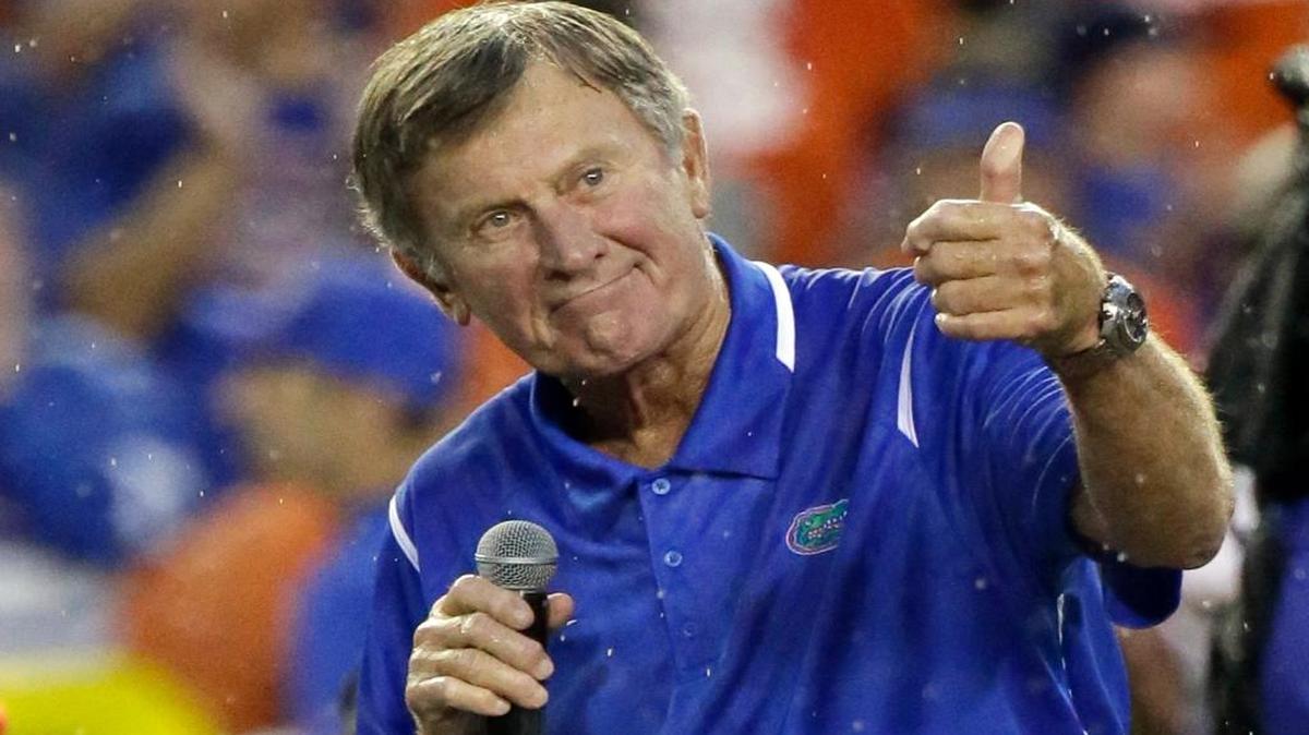 Former UF player and coach Steve Spurrier makes remarks after he was honored during Saturday’s game against Massachusetts at the newly-unveiled Steve Spurrier-Florida Field at Ben Hill Griffin Stadium.