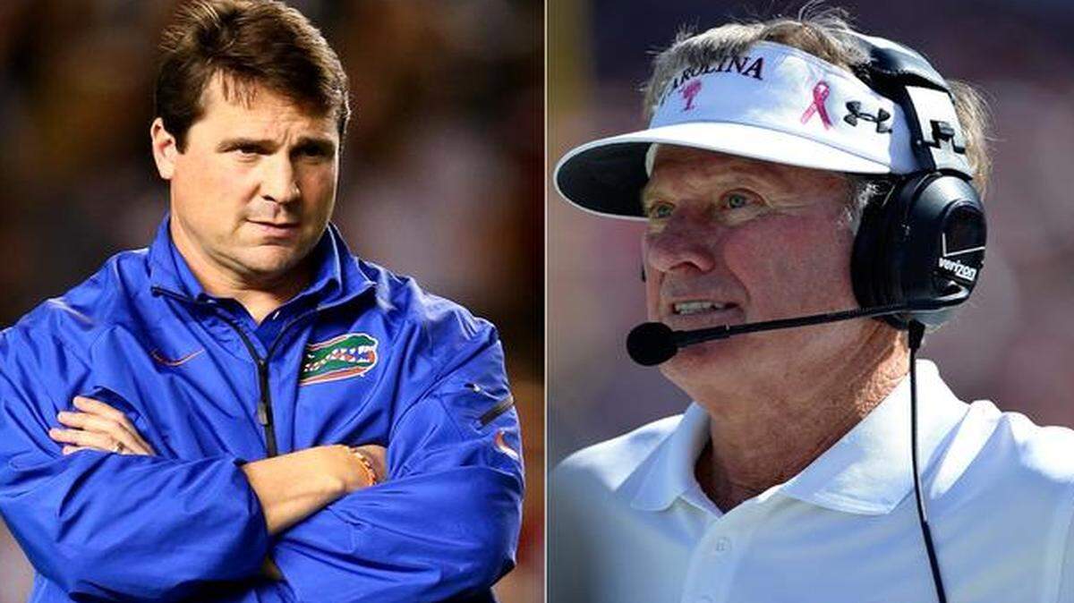 
UF coach Will Muschamp, left, has lost five of his past seven games in Gainesvile. South Carolina coach Steve Spurrier lost only five games at home in 12 seasons when he was Gators coach.
