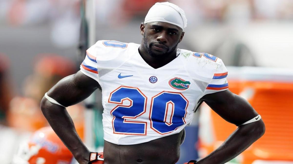 Florida defensive back Marcus Maye (20) watches the final minutes of the game against Miami during an NCAA football game, Saturday, Sept. 7, 2013, in Miami Gardens, Fla. Miami won 21-16.