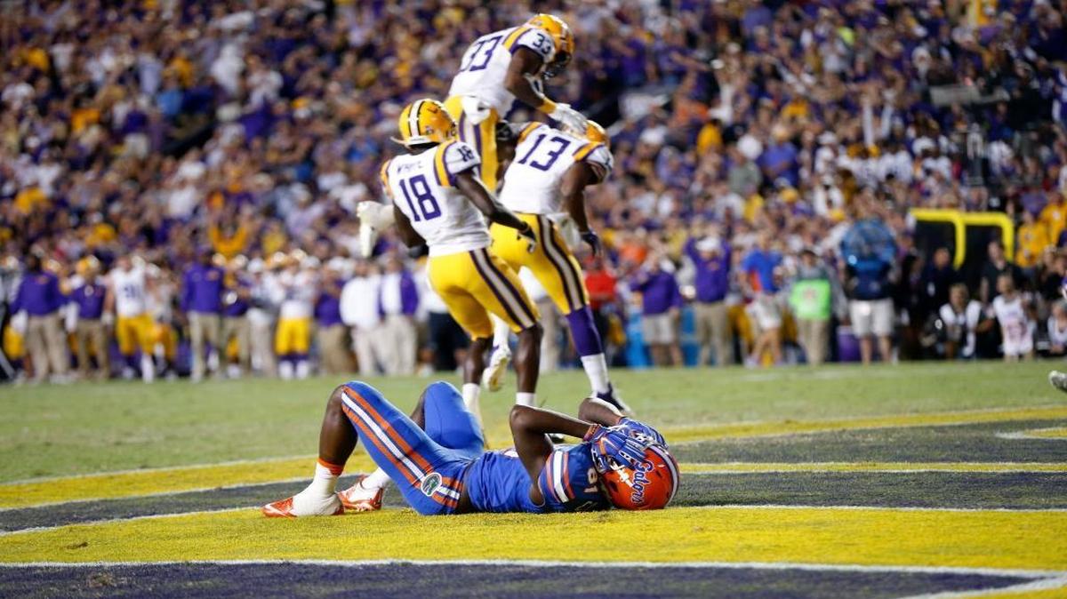 
Florida wide receiver Antonio Callaway (81) reacts as LSU celebrates after he dropped a pass in the end zone in the second half of an NCAA college football game in Baton Rouge, La., Saturday, Oct. 17, 2015. LSU won 35-28. 
