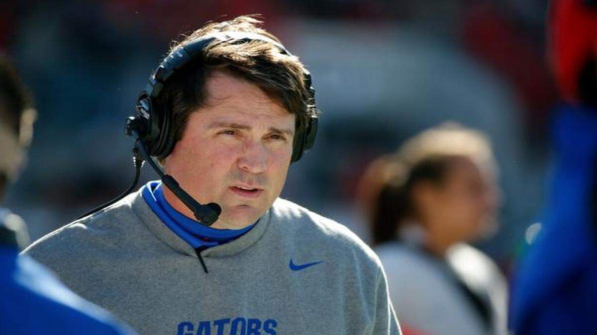
FILE - In this Nov. 1, 2014, file photo, Florida head coach Will Muschamp paces the sidelines during the first half of an NCAA college football game against Georgia in Jacksonville, Fla.

