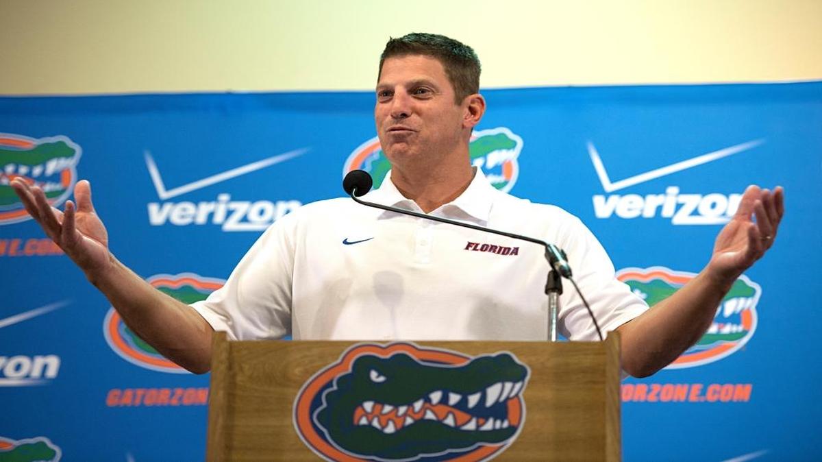 Doug Nussmeier, Florida's NCAA college football offensive coordinator/quarterbacks coach, talks on media day in Gainesville, Fla., Wednesday, Aug. 5, 2015.