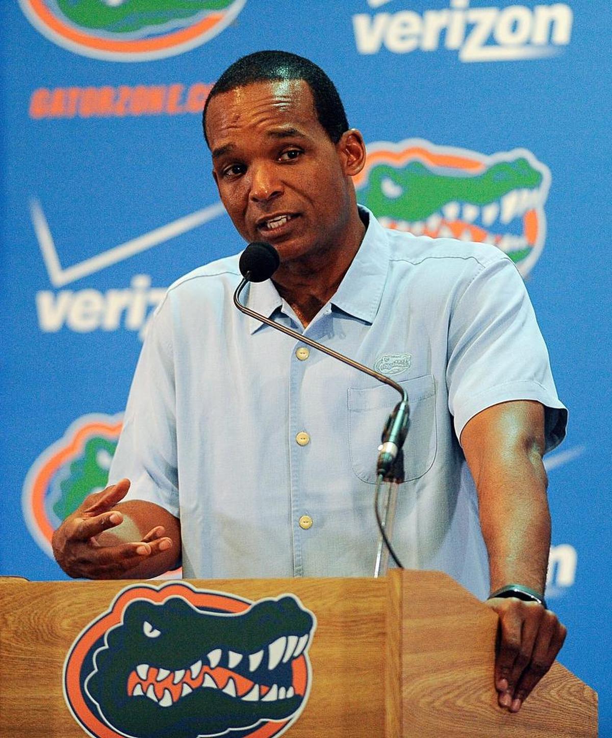 Former Miami coach and current Florida assistant Randy Shannon speaks to the media in 2016.