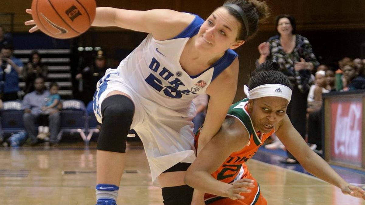 Duke's Rebecca Greenwell, left, takes the ball from Miami's Adrienne Motley during an NCAA college basketball game Sunday Feb. 19, 2017, in Durham, N.C.