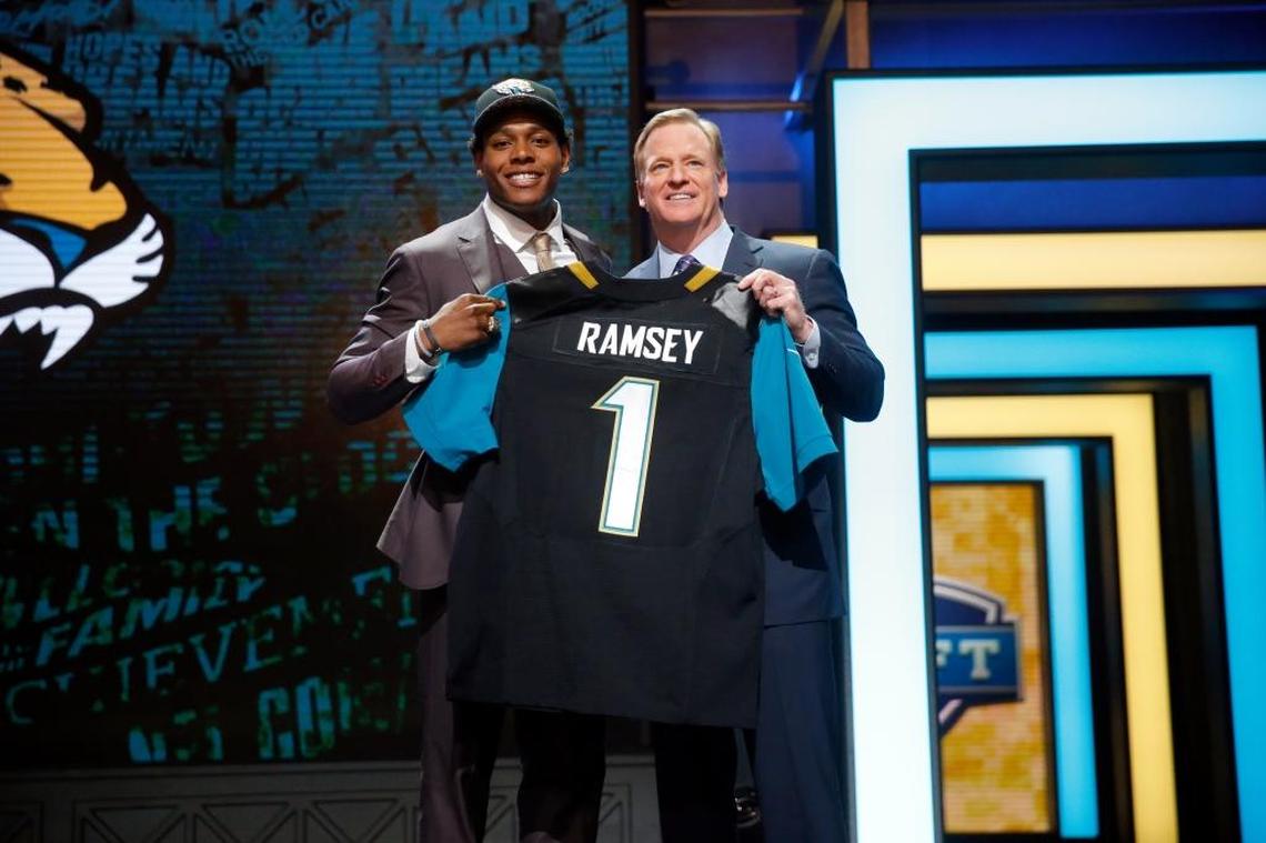 Florida States Jalen Ramsey poses for photos with NFL commissioner Roger Goodell after being selected by Jacksonville Jaguars as fifth pick in the first round of the 2016 NFL football draft, Thursday, April 28, 2016, in Chicago.
