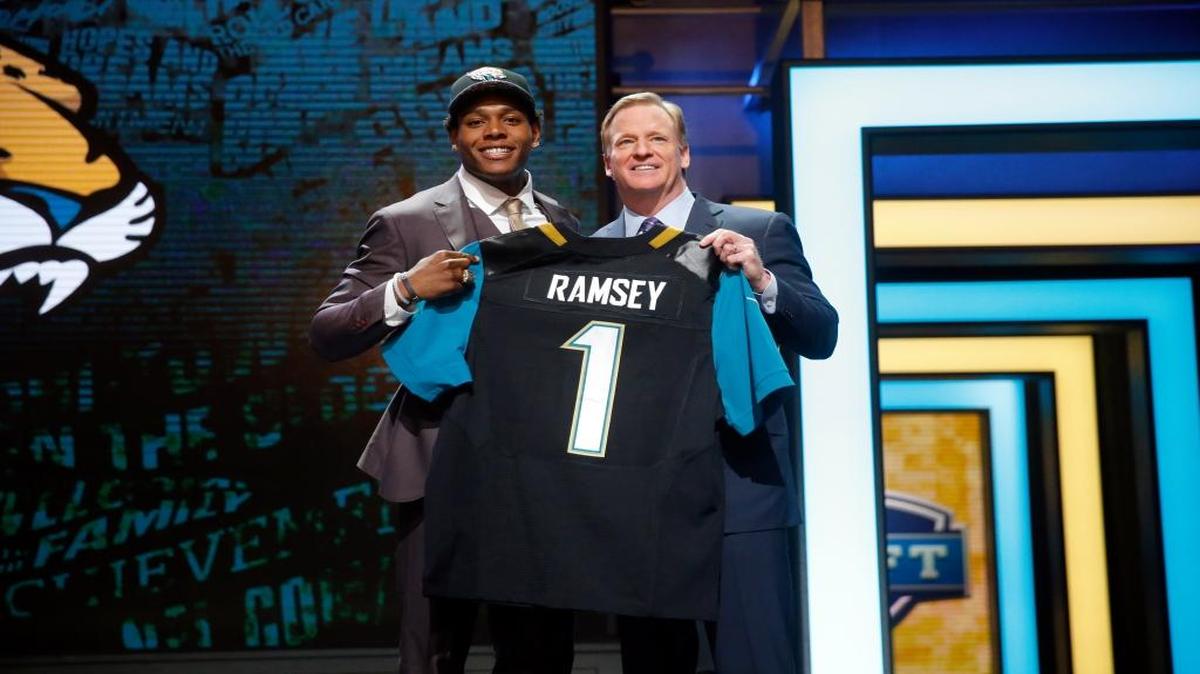 Florida States Jalen Ramsey poses for photos with NFL commissioner Roger Goodell after being selected by Jacksonville Jaguars as fifth pick in the first round of the 2016 NFL football draft, Thursday, April 28, 2016, in Chicago.
