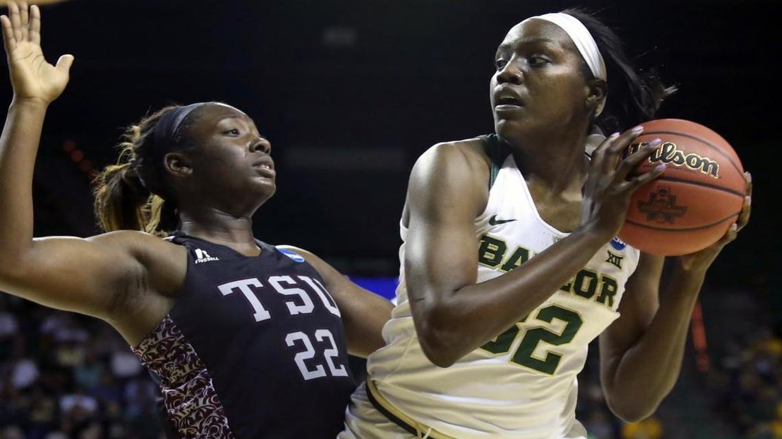 Baylor forward/center Beatrice Mompremier (32) is guarded by Texas Southern forward Breasia McElrath (22) in the second half of a first-round game in the women's NCAA college basketball tournament, Sat., March, 18, 2017, in Waco, Texas.