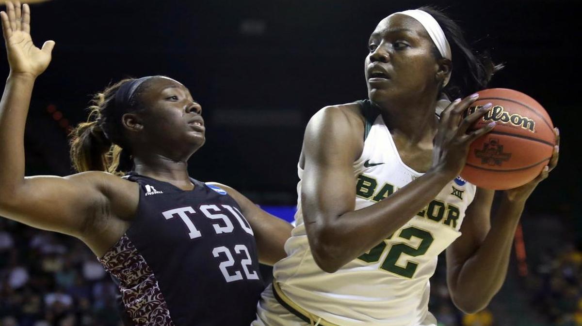 Baylor forward/center Beatrice Mompremier (32) is guarded by Texas Southern forward Breasia McElrath (22) in the second half of a first-round game in the women's NCAA college basketball tournament, Sat., March, 18, 2017, in Waco, Texas.