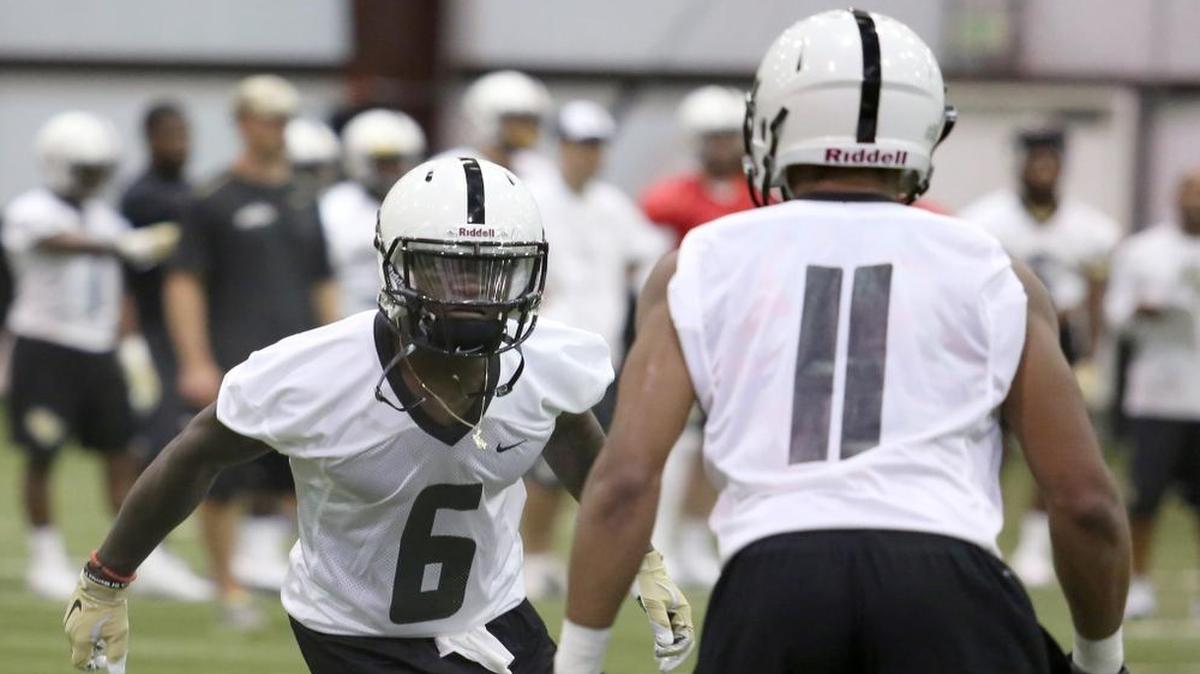 Central Florida wide receiver Trystan Payton (6) runs a drill during the team's first preseason football practice, Fri., Aug. 5, 2016, indoors at the Nicholson Fieldhouse in Orlando, Fla.