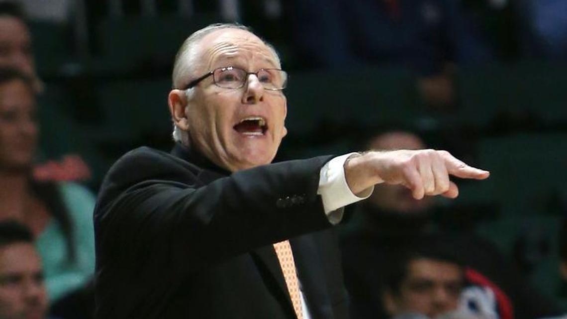 Miami Hurricanes head coach Jim Larrañaga gives instructions to his team during the second half of an NCAA college basketball game against Boston College Eagles at the Watsco Center in Coral Gables on Wednesday, Jan. 25, 2017.