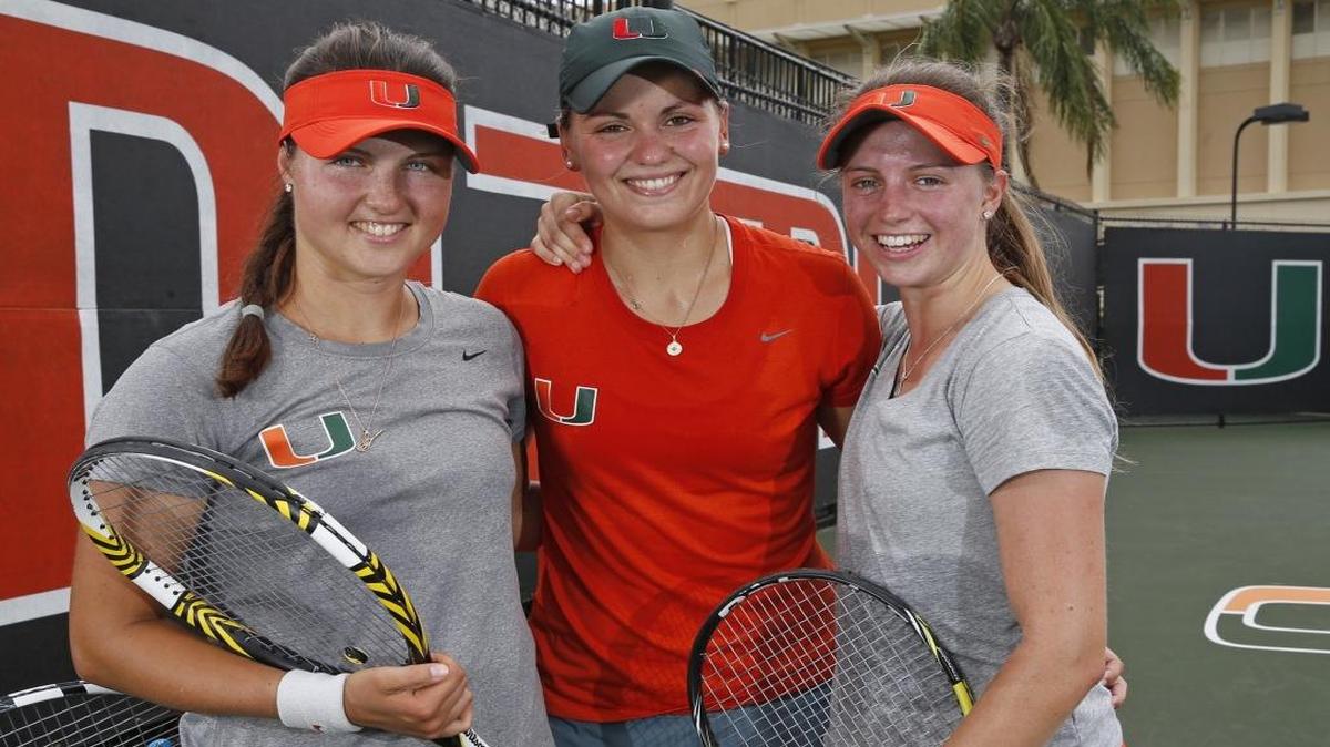 University of Miami women’s tennis players Lina Lileikite, Stephanie Wagner and Sinead Lohan are pictured Wednesday, May 6, 2015.