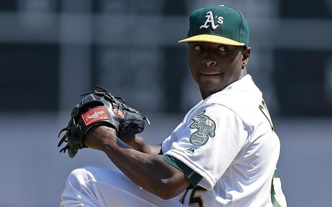 Oakland Athletics pitcher Jharel Cotton works against the Los Angeles Angels in the first inning of a baseball game Wednesday, Sept. 7, 2016, in Oakland, Calif.