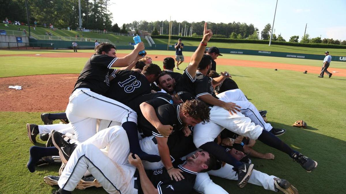 Nova Southeastern baseball players celebrate on the field in Cary, North Carolina, after winning the Division II national championship.