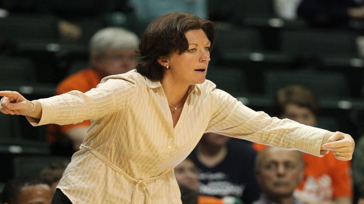 From the archives: UM basketball coach Kate Meier gestures during the University of Miami women's basketball vs. Davidson at the BankUnited Center on December 12, 2012.