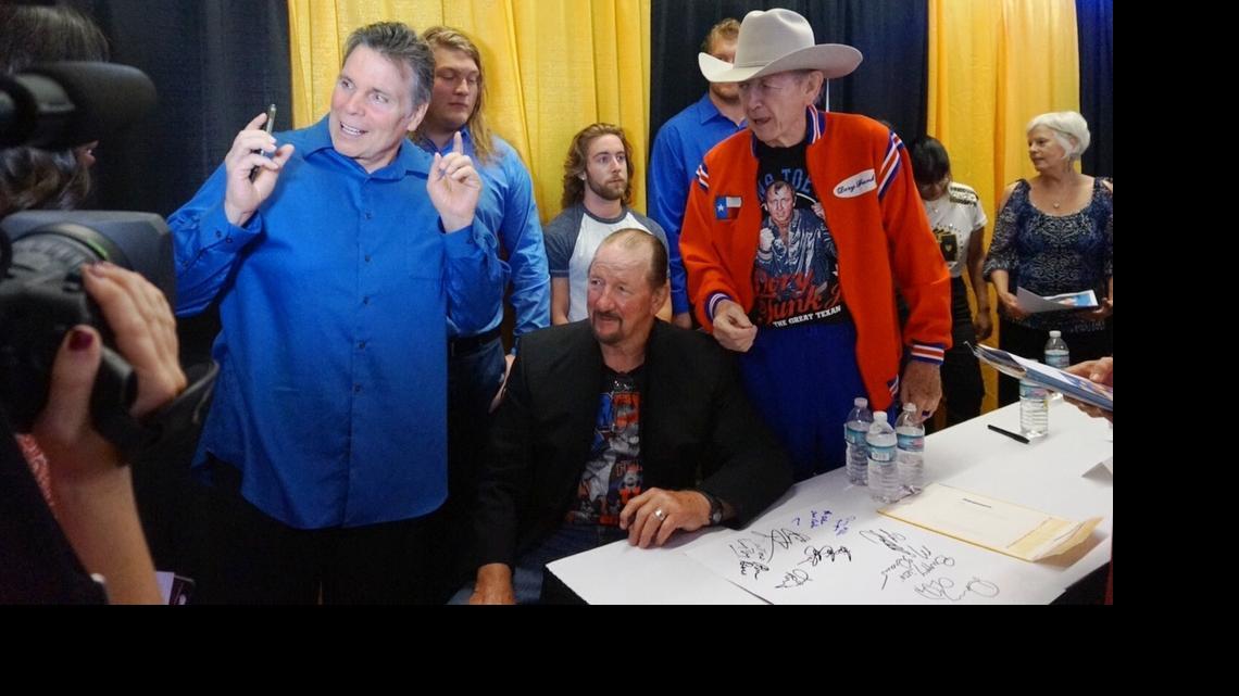 
Leaping Lanny Poffo and the legendary Funk brothers (Terry and Dory Jr.) talk to media during a Championship Wrestling from Florida type fan fest and fundraiser on Thursday, June 11 at the Tampa Jewish Community Center & Federation in North Tampa. The event raised money for a CWF Wall of Fame at the new Tampa JCC, which will be at the site of the Fort Homer Hesterly Armory, a home base for CWF.
