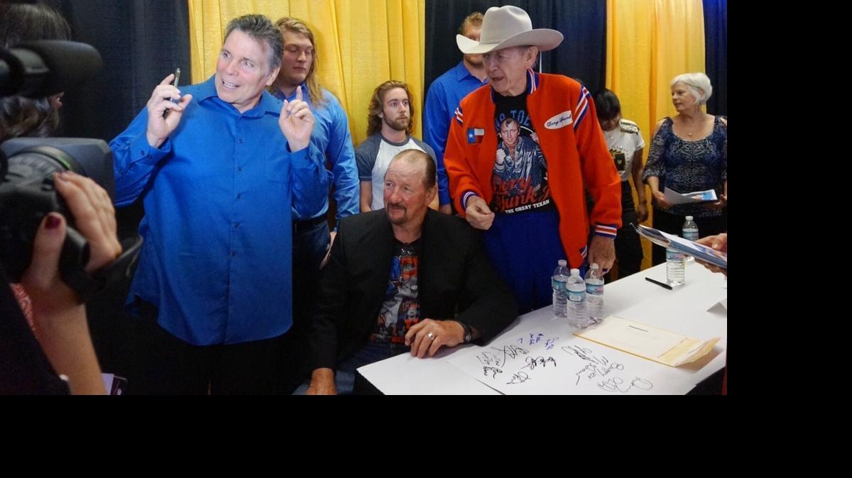 
Leaping Lanny Poffo and the legendary Funk brothers (Terry and Dory Jr.) talk to media during a Championship Wrestling from Florida type fan fest and fundraiser on Thursday, June 11 at the Tampa Jewish Community Center & Federation in North Tampa. The event raised money for a CWF Wall of Fame at the new Tampa JCC, which will be at the site of the Fort Homer Hesterly Armory, a home base for CWF.
