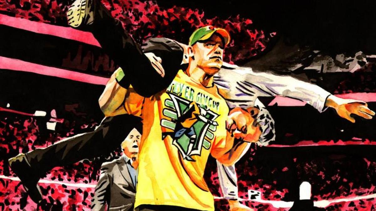 
WWE superstar John Cena, two-time WWE Hall of Famer Ric Flair and former “The Daily Show” host Jon Stewart hit the artist’s canvas via Rob Schamberger.
