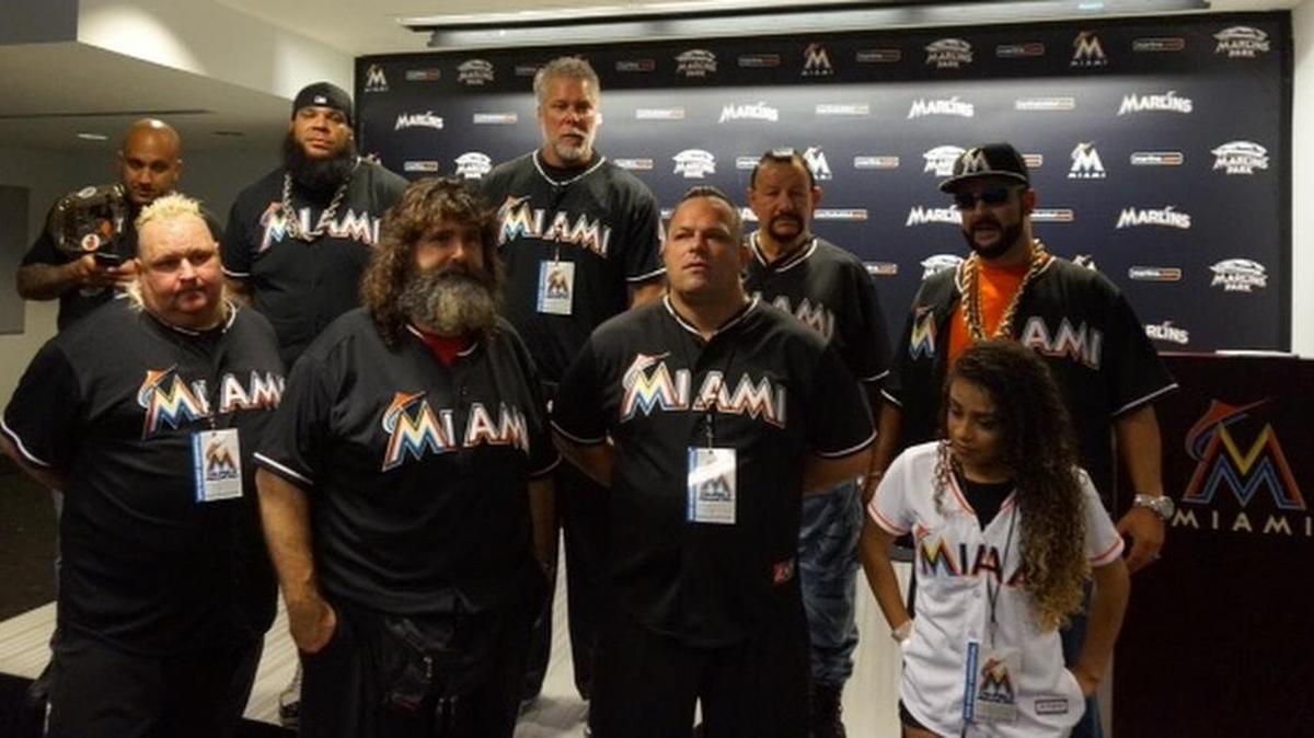 
The Legends of Wrestling press conference featured front from left, Nasty Boy Knobbs, Mick Foley, Nasty Boy Sags, JoJo; back, Rey Rey, Brodus Clay/Tyrus, Kevin Nash, Bushwhacker Luke and Louis Uncle Louie Gregory. The event -- Friday, July 31 at Marlins Park -- was presented by Uncle Louie and the Miami Marlins and benefited Up2Us Sports.
