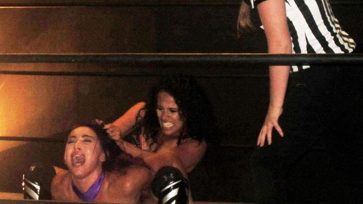 TNA Knockout Raquel and former TNA Knockout Rosita (Thea Trinidad) compete during an I Believe in Wrestling show at the Team Vision Dojo in Orlando. Your referee Jenson Fratelli.