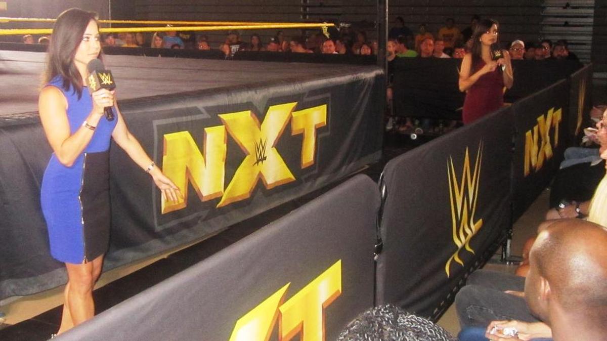 Newcomer Charly Caruso (left) and Andrea D’Marco combined efforts as ring announcers and in-arena hosts for a stellar NXT show on Thursday, July 7 at the Havert L. Fenn Center in Fort Pierce. NXT returns to the Havert L. Fenn Center on Saturday, Aug. 13.