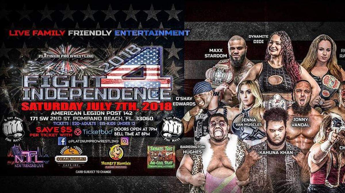 Platinum Pro Wrestling will be in Pompano Beach on Saturday, July 7. The month features plenty of wrestlers, wrestling events and wrestling shows in South Florida.