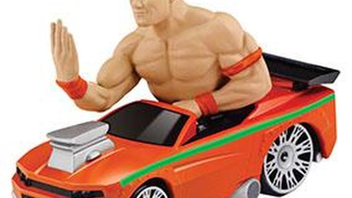 WWE Superstar John Cena in Muscle Monster -- a fast-rolling, die-cast vehicle -- under the Playmates Toys banner. This is part of the WWE Nitro Machines collection.