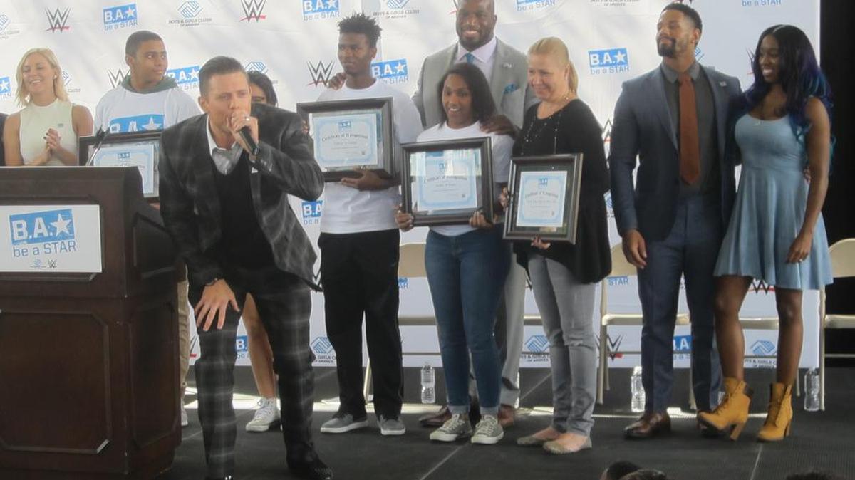 WWE Superstar The Miz knows how to hype a crowd, providing useful information and having fun with the kids in attendance during a Be a STAR rally on Monday, Jan. 25 at the Hank Kline unit of the Boys & Girls Clubs of Miami-Dade County. WWE broadcaster Renee Young, WWE superstars Titus O’Neil and Darren Young and WWE Diva Naomi along with others participated in the event to debut a national partnership between The Boys & Girls Clubs of America and WWE for bullying prevention. Rachel Fernandez, vice president of Operations at Boys & Girls Clubs of Miami-Dade County, as well Maria Briceno, Nicholas Bradley, Lebron McGland and Amber Williams were awarded for their efforts.