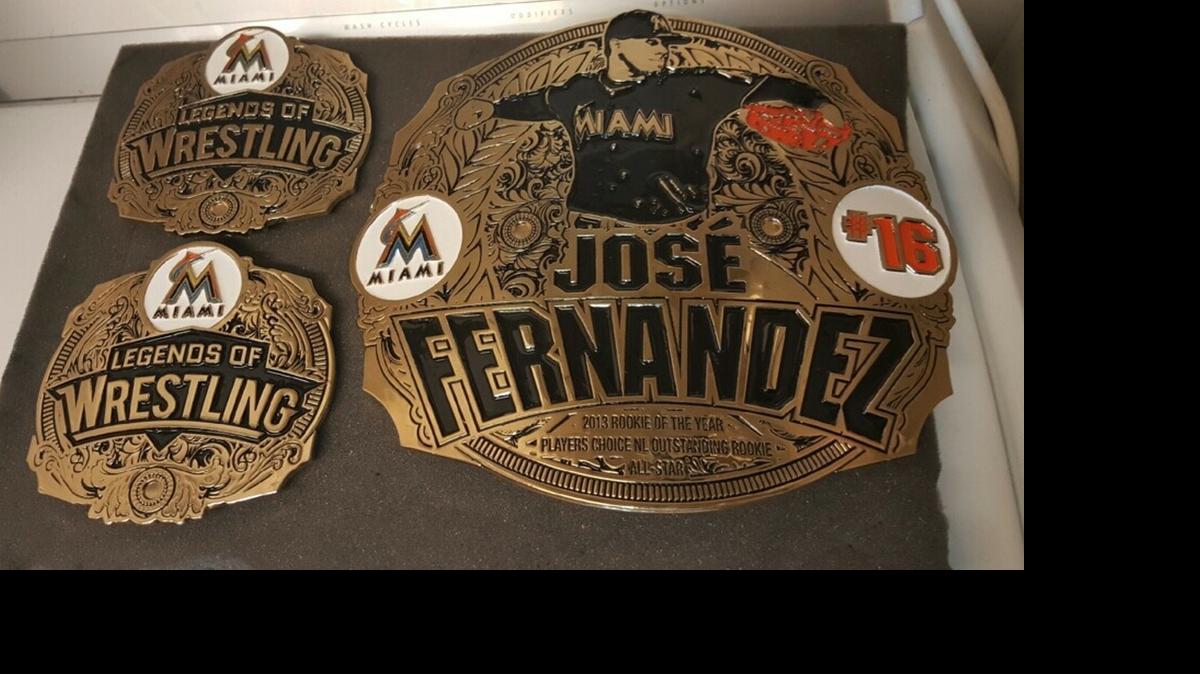
This custom-made belt will be presented to birthday boy Jose Fernandez, ace pitcher of the Miami Marlins, on Friday, July 31 during Legends of Wrestling Night at Marlins Park.
