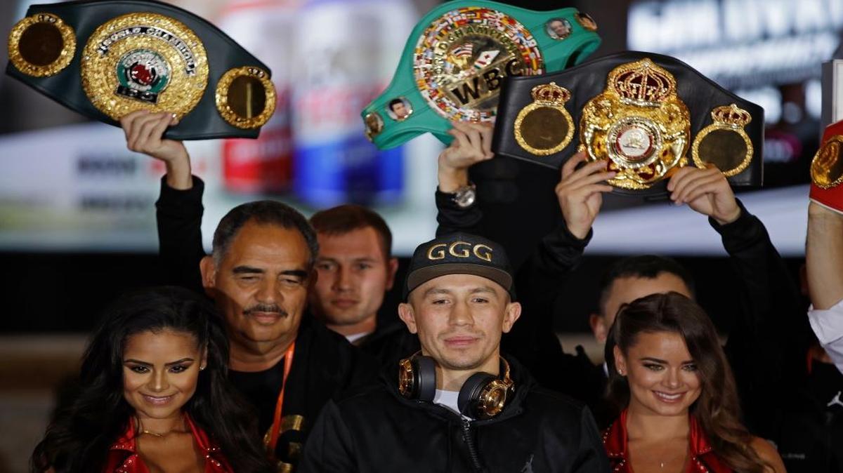 Gennady Golovkin stands on stage during the fighter arrivals, Tues., Sept. 12, 2017, in Las Vegas. Golovkin is scheduled to fight Canelo Alvarez Saturday in Las Vegas.