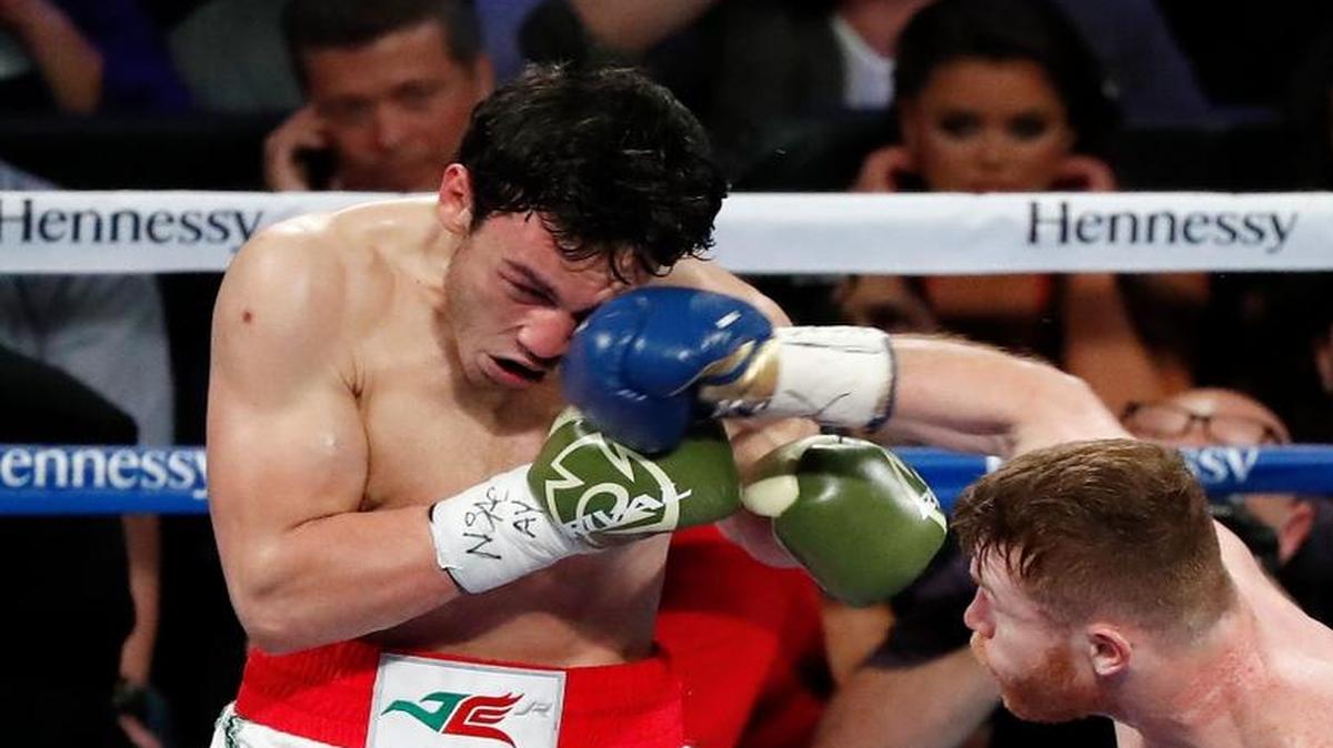 Saul ‘Canelo’ Alvarez connects against Julio Cesar Chavez Jr. during their fight that Alvarez dominated for a unanimous decision late Saturday night in Las Vegas.