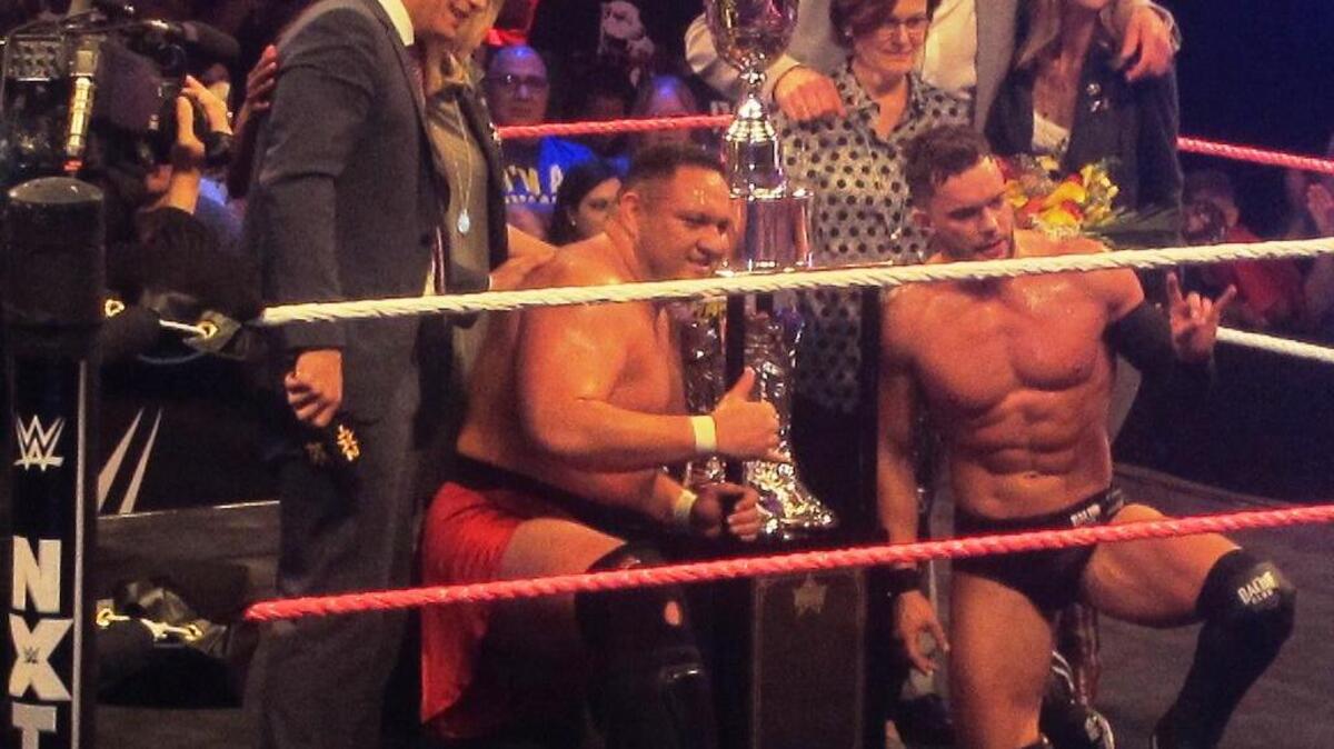 
The Rhodes family celebrates the late, great American Dream Dusty Rhodes with Dusty Rhodes Tag Team Classic winners Samoa Joe and NXT champ Finn Balor. The semifinals and finals of the tournament helped highlight NXT TakeOver: Respect on Wednesday, Oct. 7 on WWE Network from Full Sail Live at Full Sail University in Winter Park, near Orlando.
