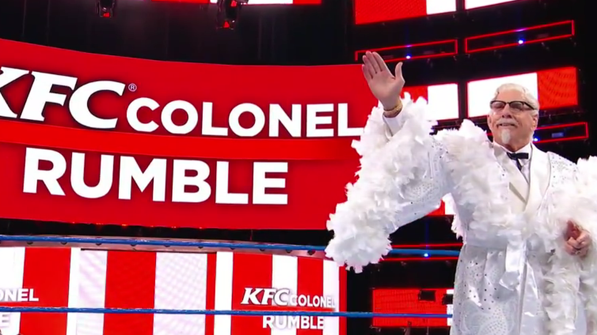 Ronda Rousey wasn’t the only surprise at the WWE Royal Rumble on Sunday, Jan. 28 at the Wells Fargo Center in Philadelphia. Nature Boy Ric Flair stunned the world by entering and winning the KFC Colonel Rumble to become a two-time Rumble winner and the iconic Colonel Sanders.