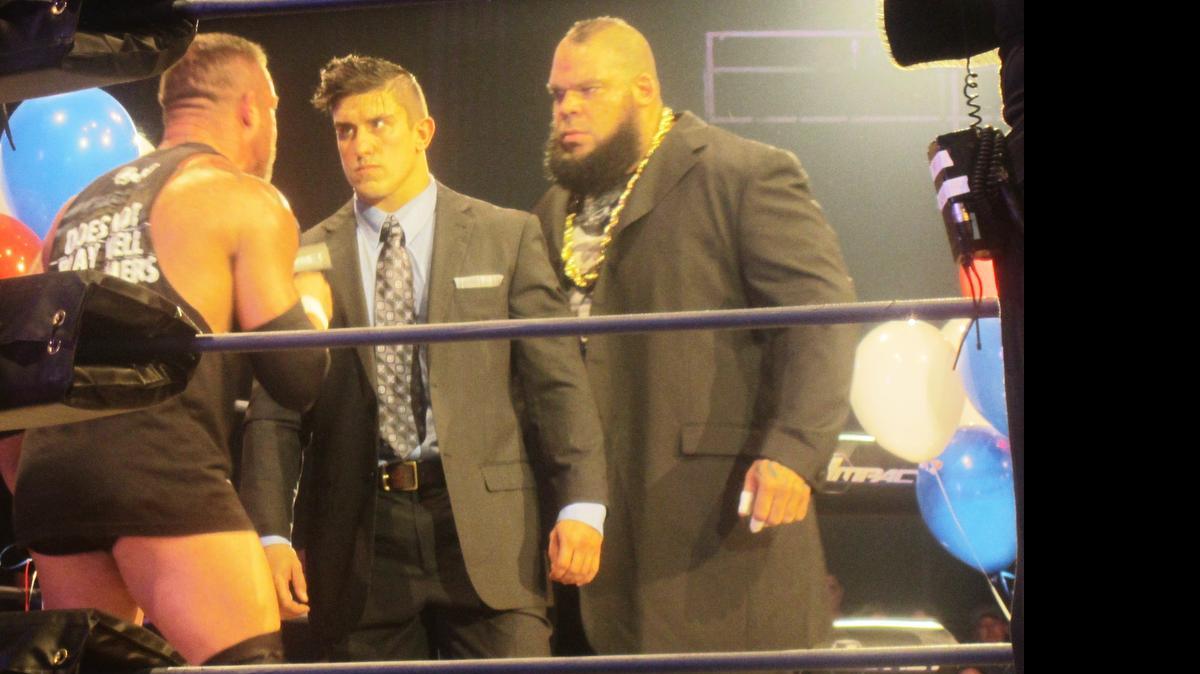 
Ethan Carter III (center) during his EC3 World Title Shot campaign during a TNA Impact Wrestling taping at Universal Studios Orlando. Tyrus (right) is an advocate of EC3. The opposition party includes Mr. Anderson (left). TNA returns to Universal Studios Orlando June 24-28 with free television tapings and its Slammiversary pay-per-view. 
